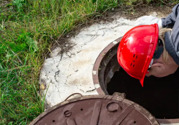 Inspector in a red hard hat looking into an open septic tank access
